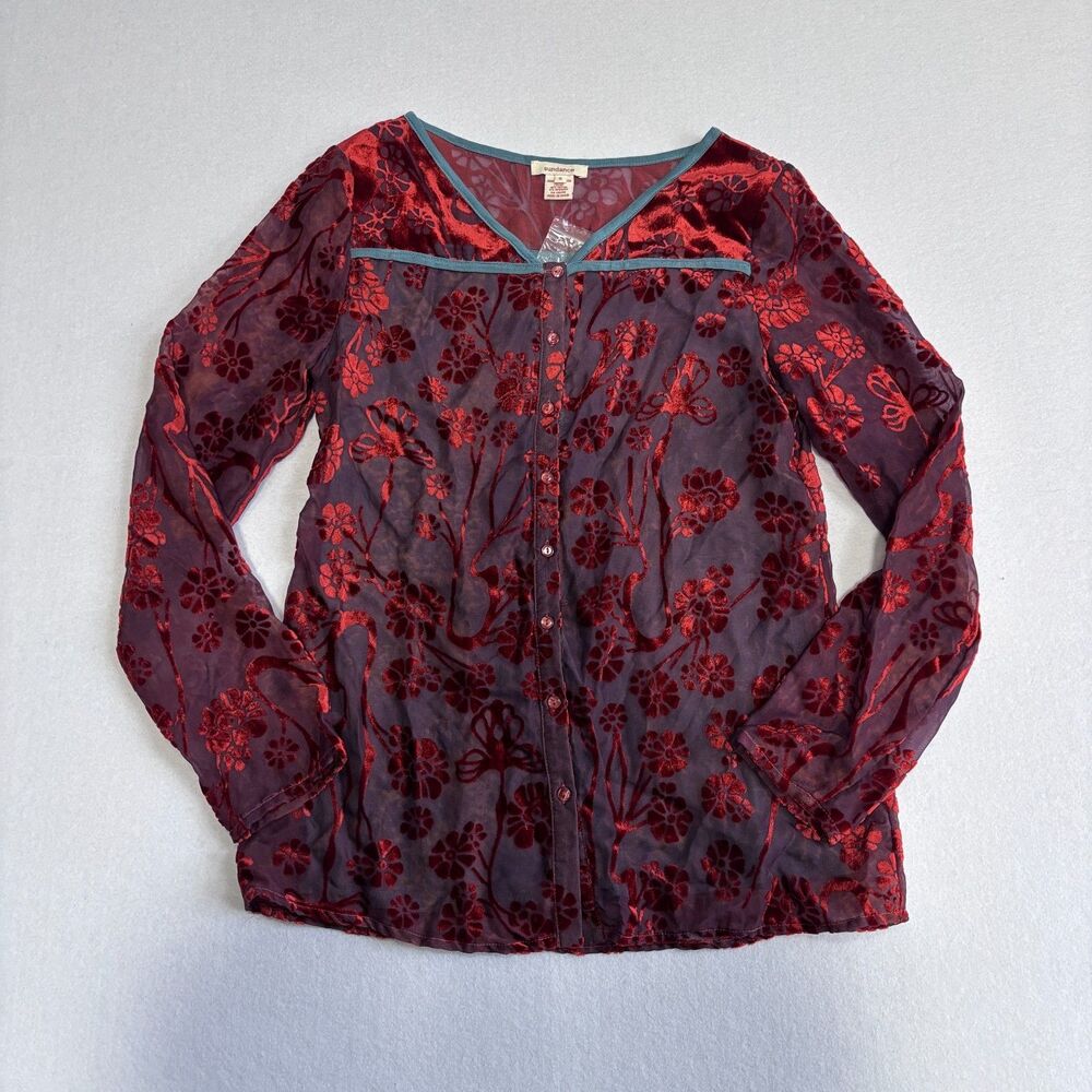 Sundance Velvet Burnout Floral Blouse Women's S Red Button Down Boho Fairy *READ